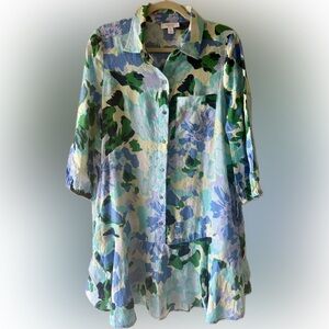 Charter Club Linen Floral Top in Blue, Green & Cream Dress M
